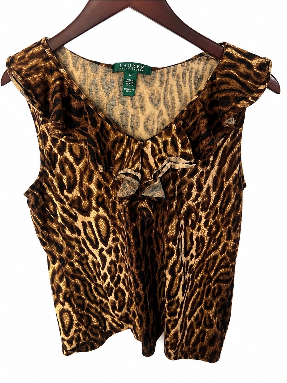 Ralph Lauren Brown Leopard Print Ruffle V-Neck Camisole